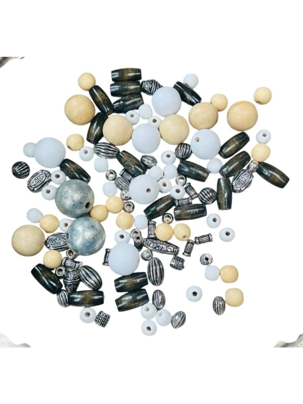 Assorted Jewelry making beads, silver tone, white, wood